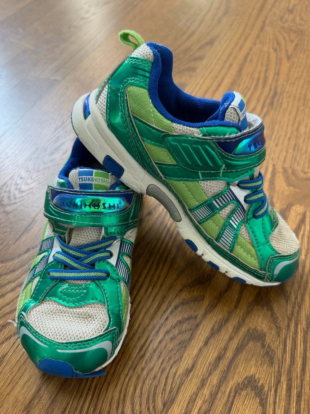 Tsukihoshi Storm Sneakers in blue and green, toddler size 10.5